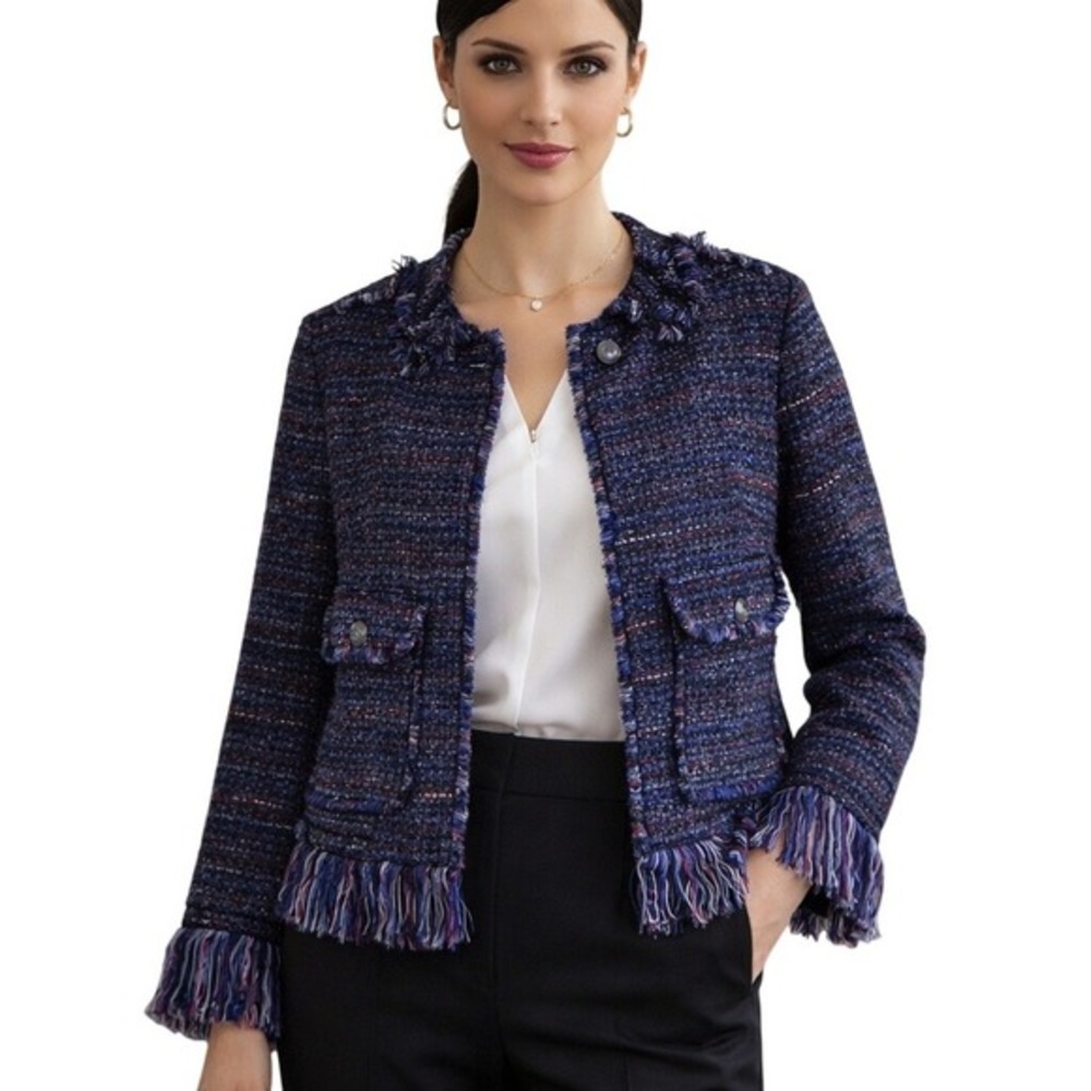For the Republic Boho Tweed Jacket Women Size 8‎ Navy Fringe Cropped Career NWT